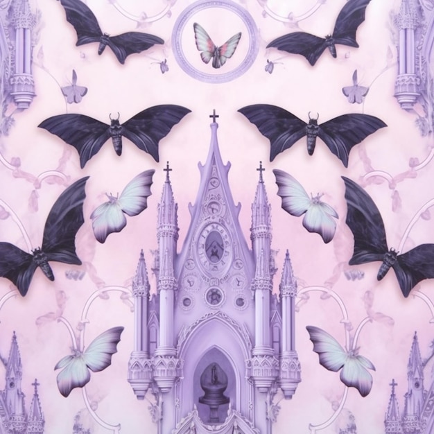 purple and white wallpaper with a clock and a church with bats generative ai