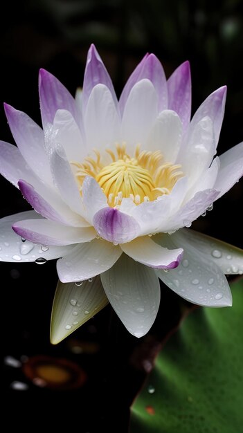 紫と白の水のリリーに雨の滴が付いている