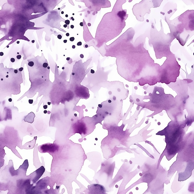 Purple and white watercolor paint splatters on a white background generative ai