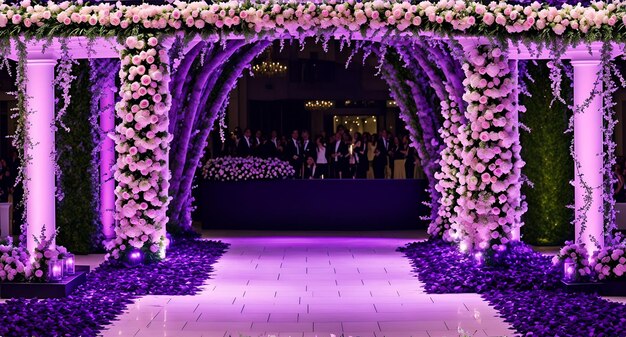 A purple and white wedding arch decorated with flowers