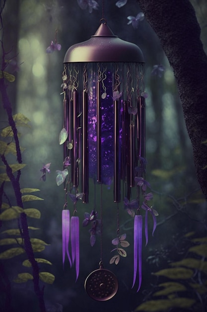 Purple wind chime hanging from a tree generative ai