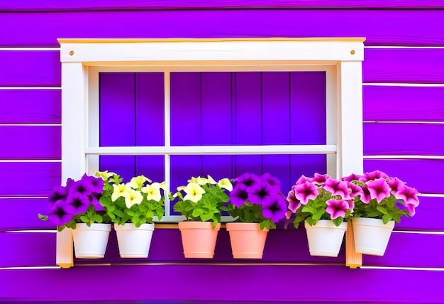 The purple window frame with petunia flowers in white pots