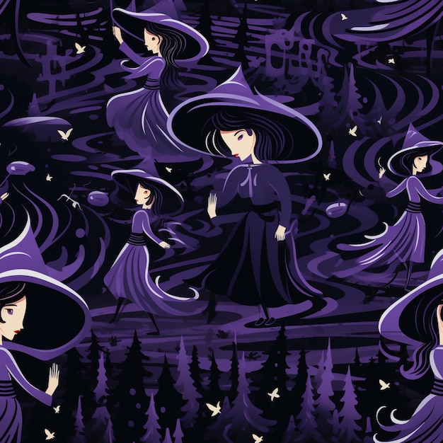 Photo purple witch fabric with a black background and a pattern of witches generative ai