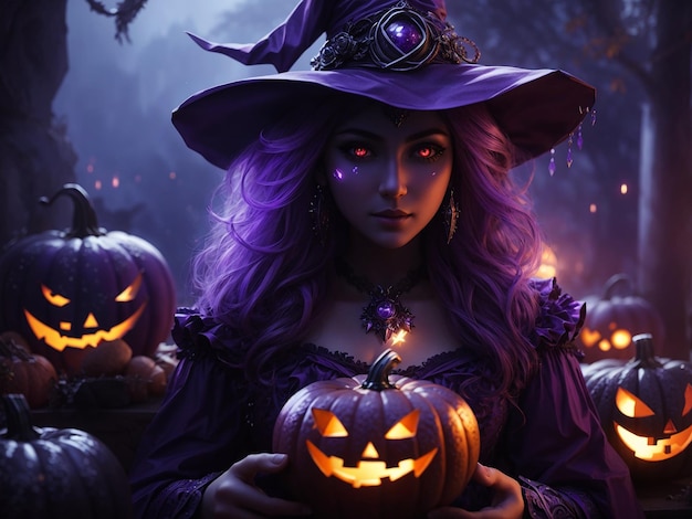 A purple witch with glowing eyes amidst pumpkin lanterns and highly detailed fantasy art