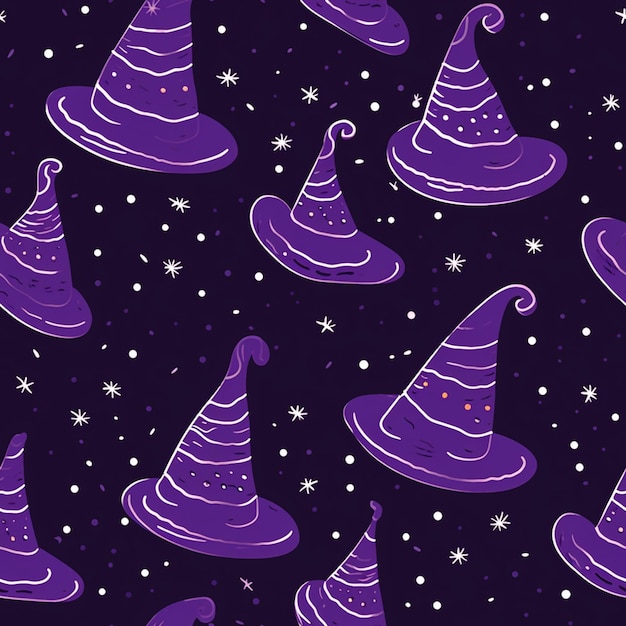 Photo purple witches hats and stars on a dark background generative ai