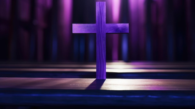 Purple wooden cross on an empty pew in the church