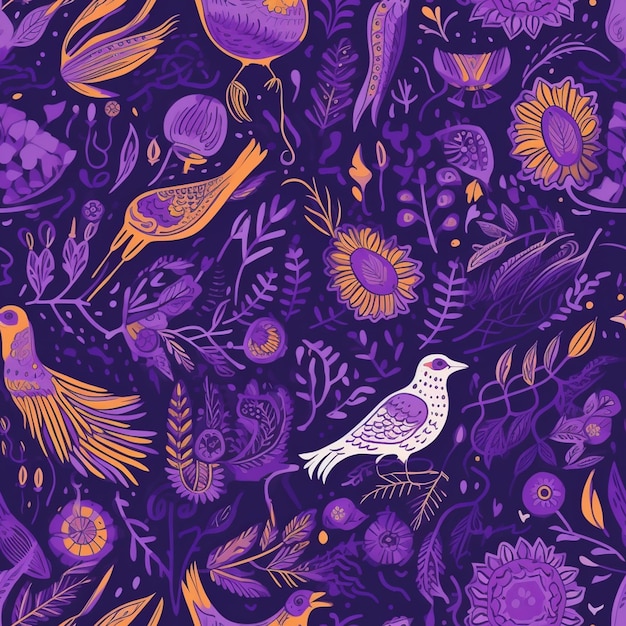 Purple and yellow birds and flowers on a purple background generative ai