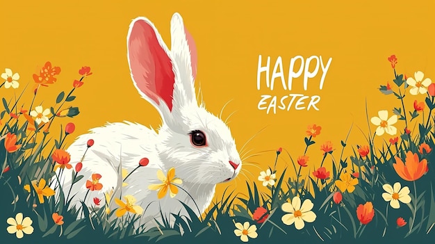 Purple and yellow ester postcard happy easter banner with bunny cute bunny on yellow background