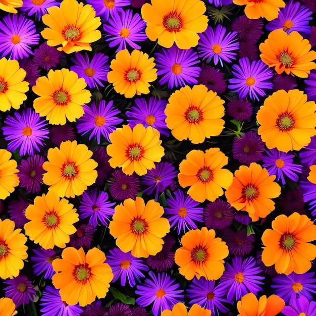 中央に紫の花が咲く紫と黄色の花壇。