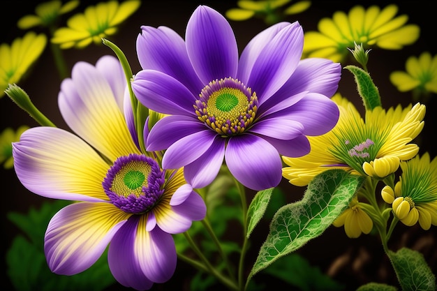 A purple and yellow flower is next to a green stem