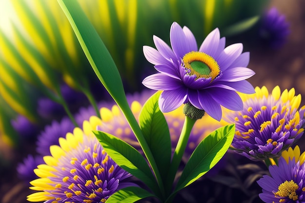 A purple and yellow flower is next to a green stem
