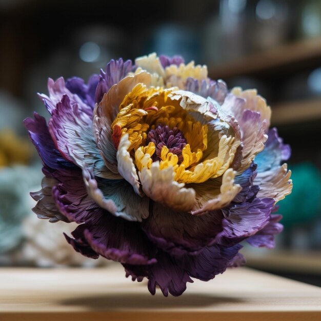 紫と黄色の花がテーブルの上にあります。