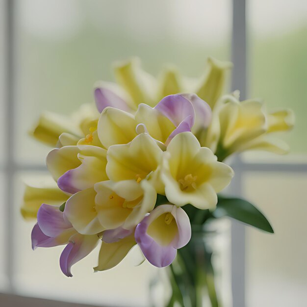 紫と黄色の花が花瓶の中にありその後ろに窓がある