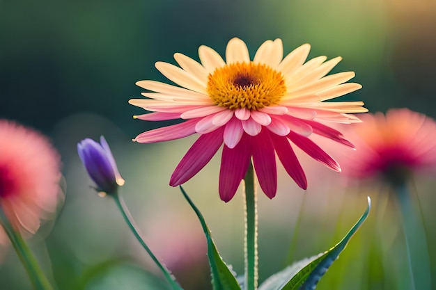 a purple and yellow flower with the pink center.