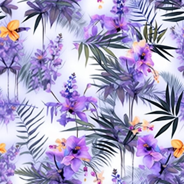 Purple and yellow flowers and leaves on a white background generative ai