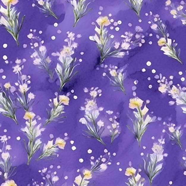 Purple and yellow flowers on a purple background with white dots generative ai