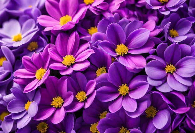 purple and yellow flowers with yellow centers are shown in a close up