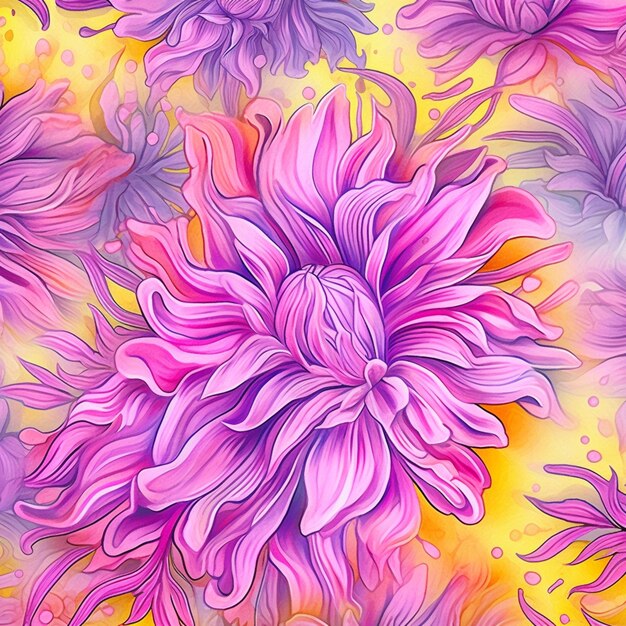 purple and yellow flowers on a yellow background with dots generative ai