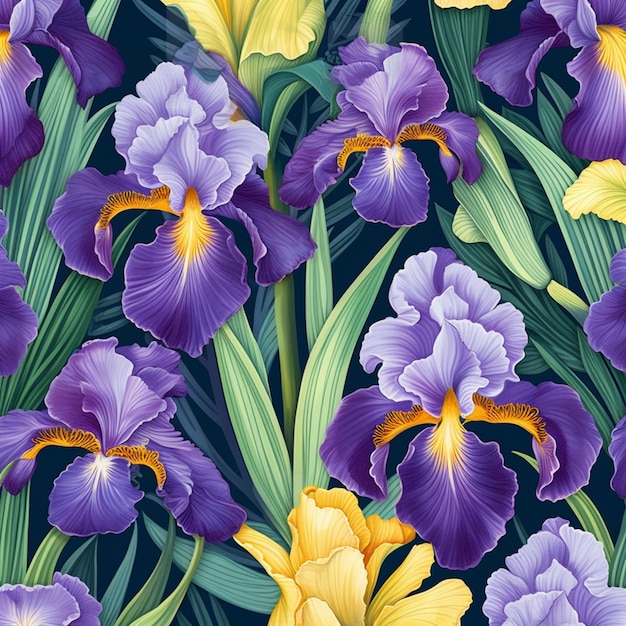 purple and yellow irises are blooming in a field of green leaves generative ai