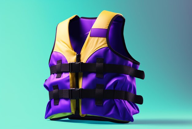 A purple and yellow life jacket with the word boat on it