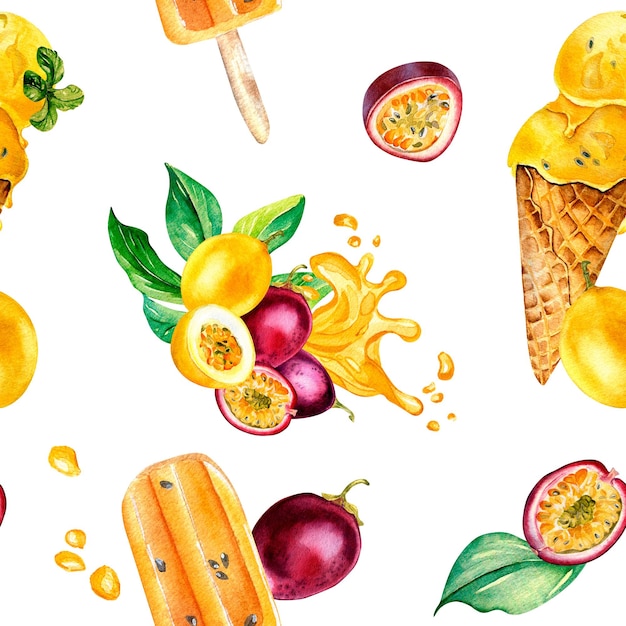 Purple yellow maracuja and icecream watercolor seamless pattern isolated on white background