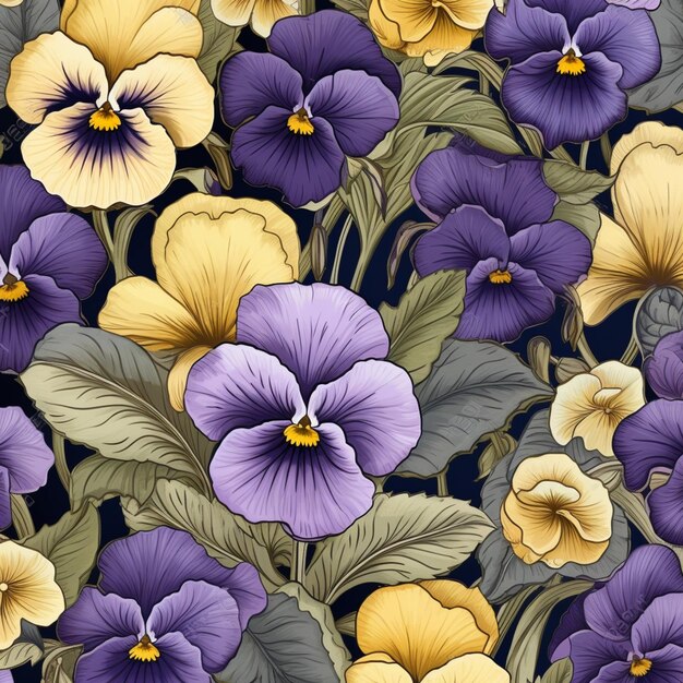 Purple and yellow pansies are in a field of green leaves generative ai