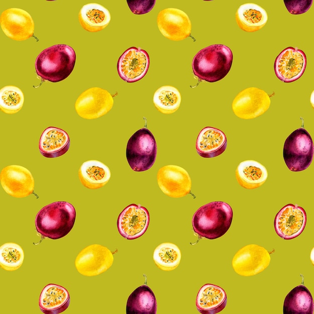 Purple yellow passion fruit watercolor seamless pattern isolated on green background