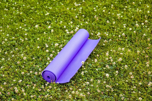 Purple yoga exercise mat on green grass