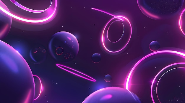 Foto arte vettoriale geometrica a tema viola sfere 3d anelli di neon su sfondo scuro