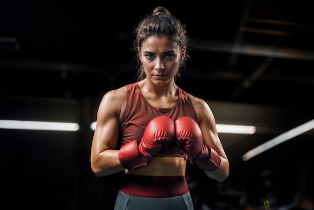 Photo purposeful and strong women boxer performs in the ring