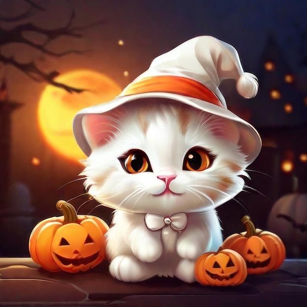 стикер «Милый кот и тыквы на Хэллоуин»