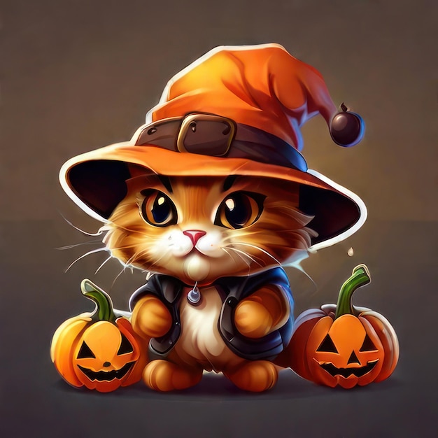 стикер «Милый кот и тыквы на Хэллоуин»