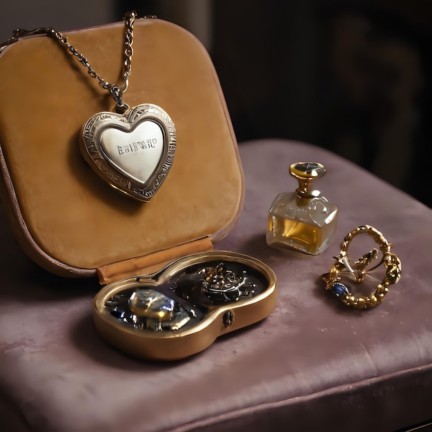 a purse and a necklace with a heart shaped locke