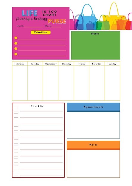 Purse planner digital planning insert sheet printable page template