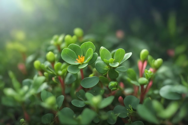 自然の背景にスベリヒユの植物をクローズ アップ