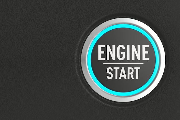 Push button with text start engine on dark background. 3D illustration