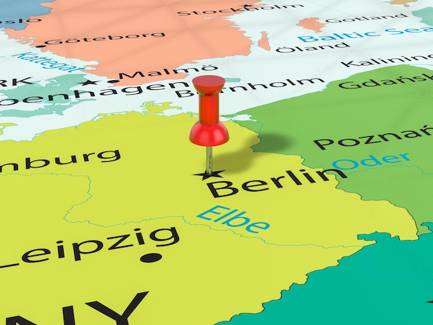 Pushpin on berlin map background 3d illustration