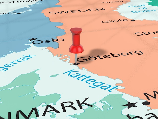 Pushpin on Gothenburg map background 3d illustration