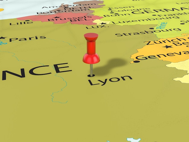 Pushpin on Lyon map background 3d illustration