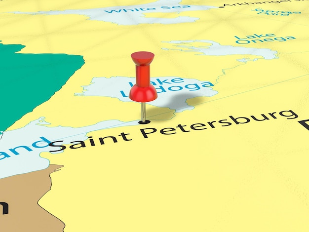 Pushpin on Saint Petersburg map background 3d illustration