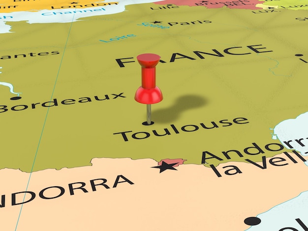 Pushpin on Toulouse map background 3d illustration