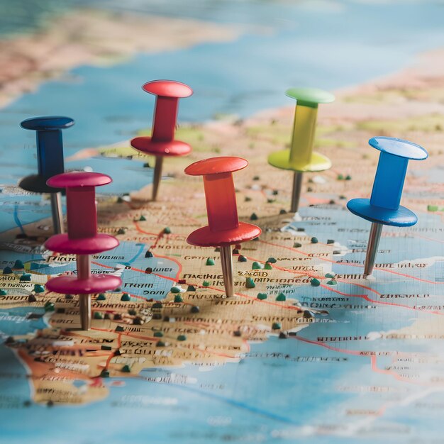 Pushpins mark destinations on map representing diverse travel adventures For Social Media Post Size