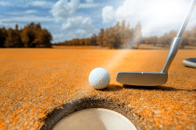 A putter during a hole on a green on a golf course next to a white ball