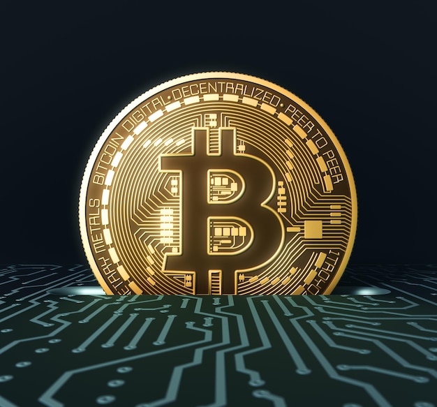 putting bitcoin into coin slot on blue printed circuit board 3d illustration