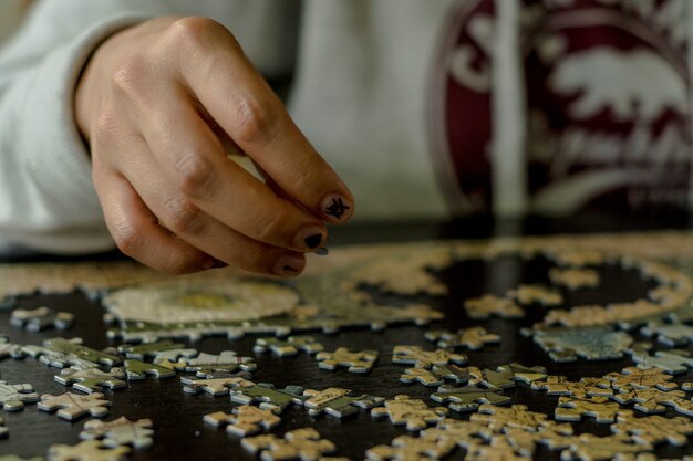 Putting together a puzzle.