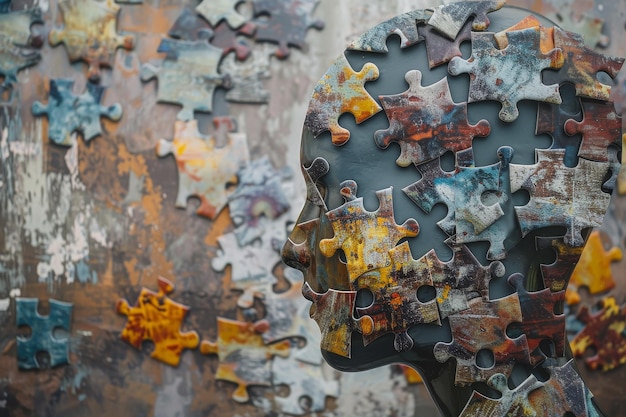 A puzzle head with a face made of puzzle pieces