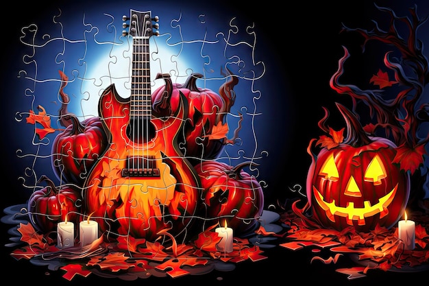 Puzzle illustration style with watercolor colors ombre red tones dark closeup guitar gothic demon