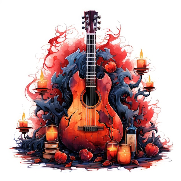 Иллюстрация головоломки Стиль с акварельными цветами омбре красные тона темный крупный план гитара готика