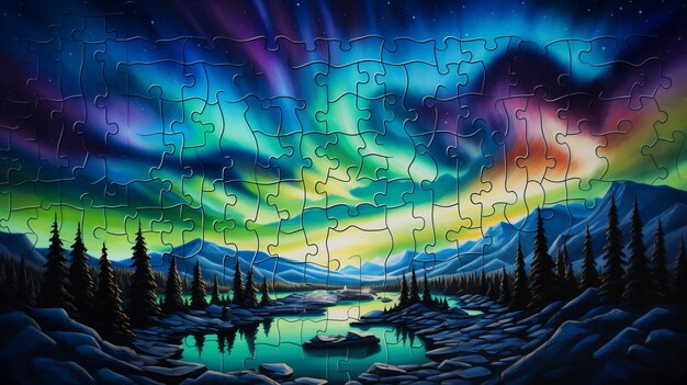 Photo a puzzle of a landscape with a rainbow light