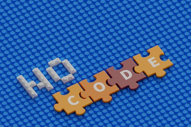 Puzzle piece and block forming the word no code 3d rendering